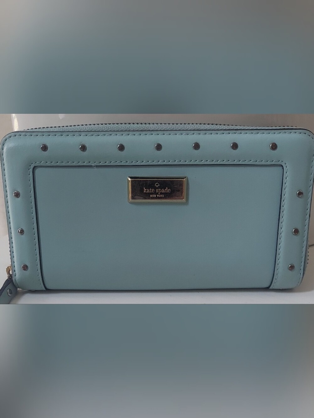 Kate Spade Mint Green Leather Zip Wallet with Gold Studs